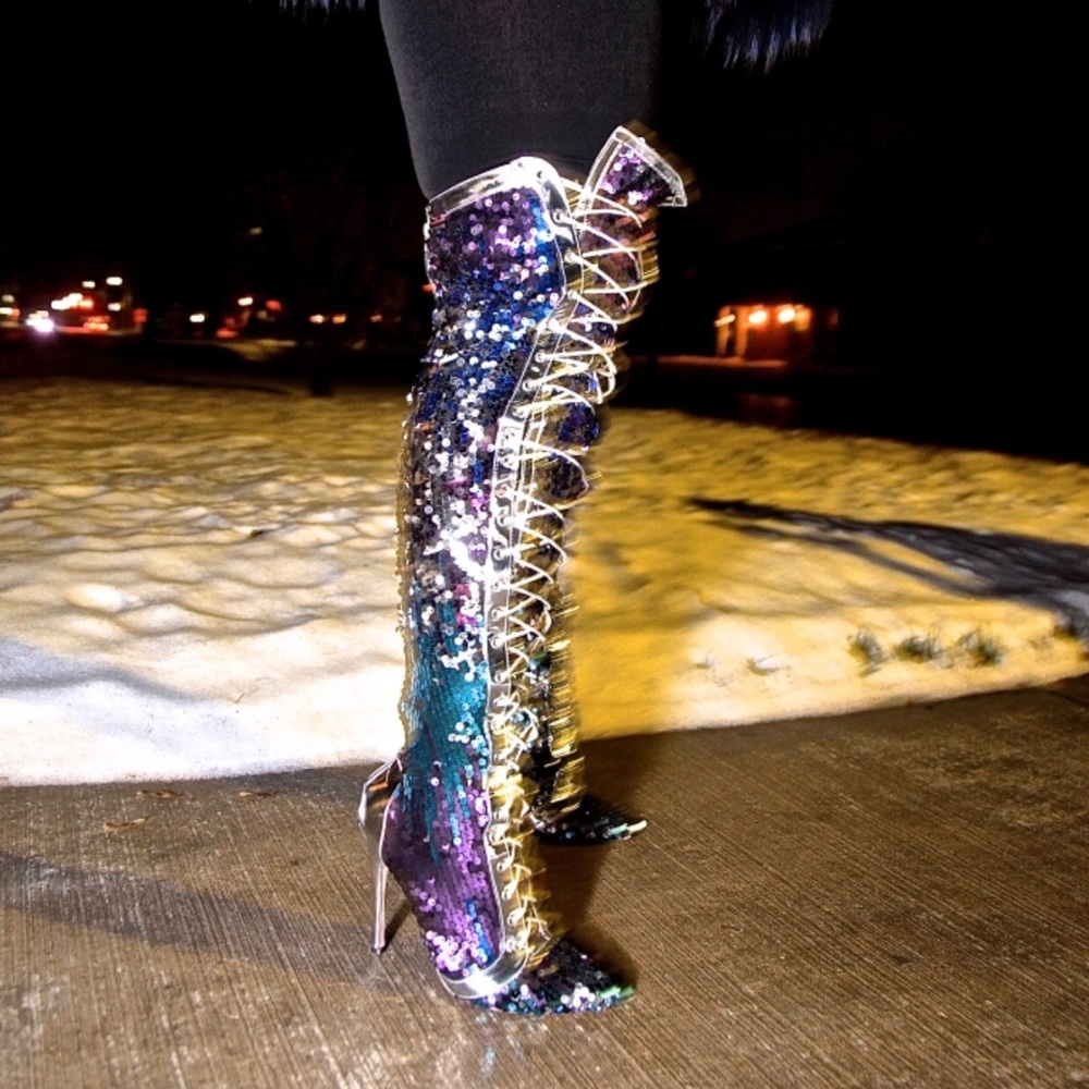 Silver Sequin Thigh High Boots - Picture 2 of 3